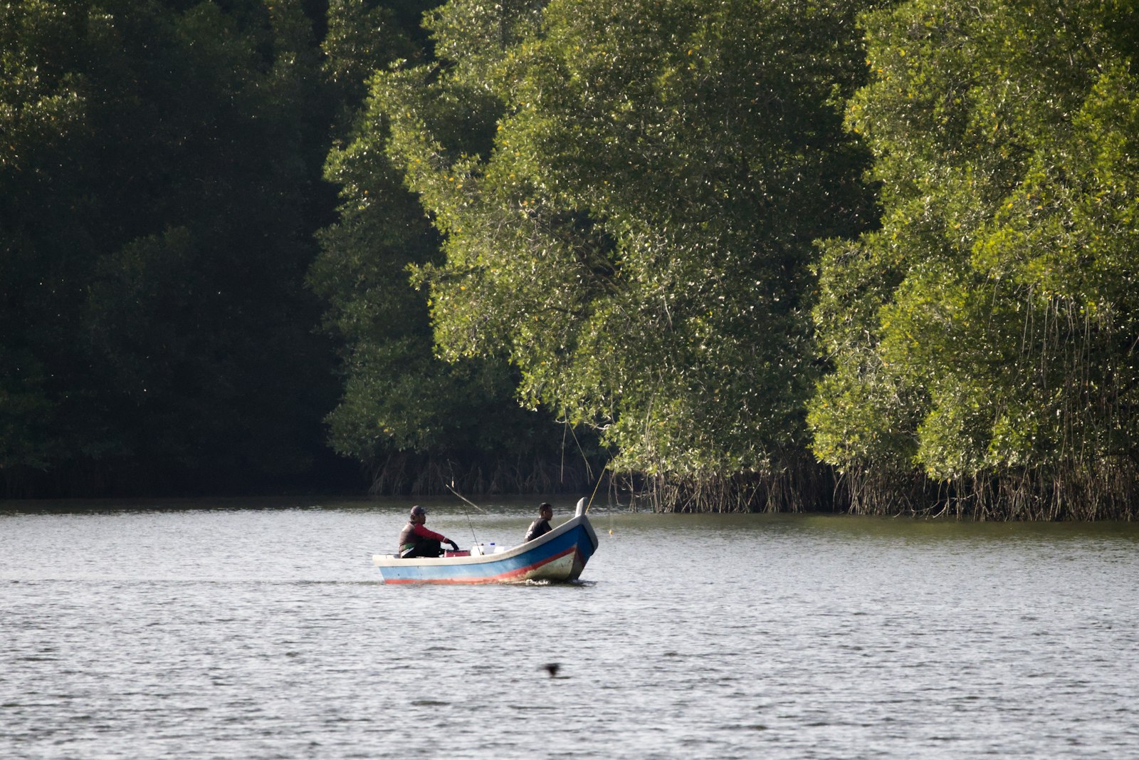 Two people in a small boat on a calm river